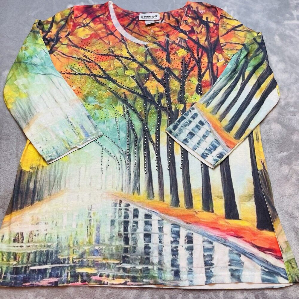 Serengeti Womens Beaded Top L Fall Tree Lined Street Rhinestones 3/4 Sleeve